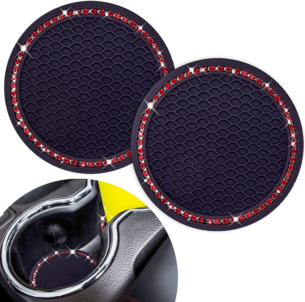 Cute Car Cup Coaster,Dermasy 2PCS Universal Vehicle Cup Holder Insert Coaster 2.75 inch Silicone Anti Slip Bling Crystal Rhinestone Auto Car Accessories for Women & Lady (Black and Red)