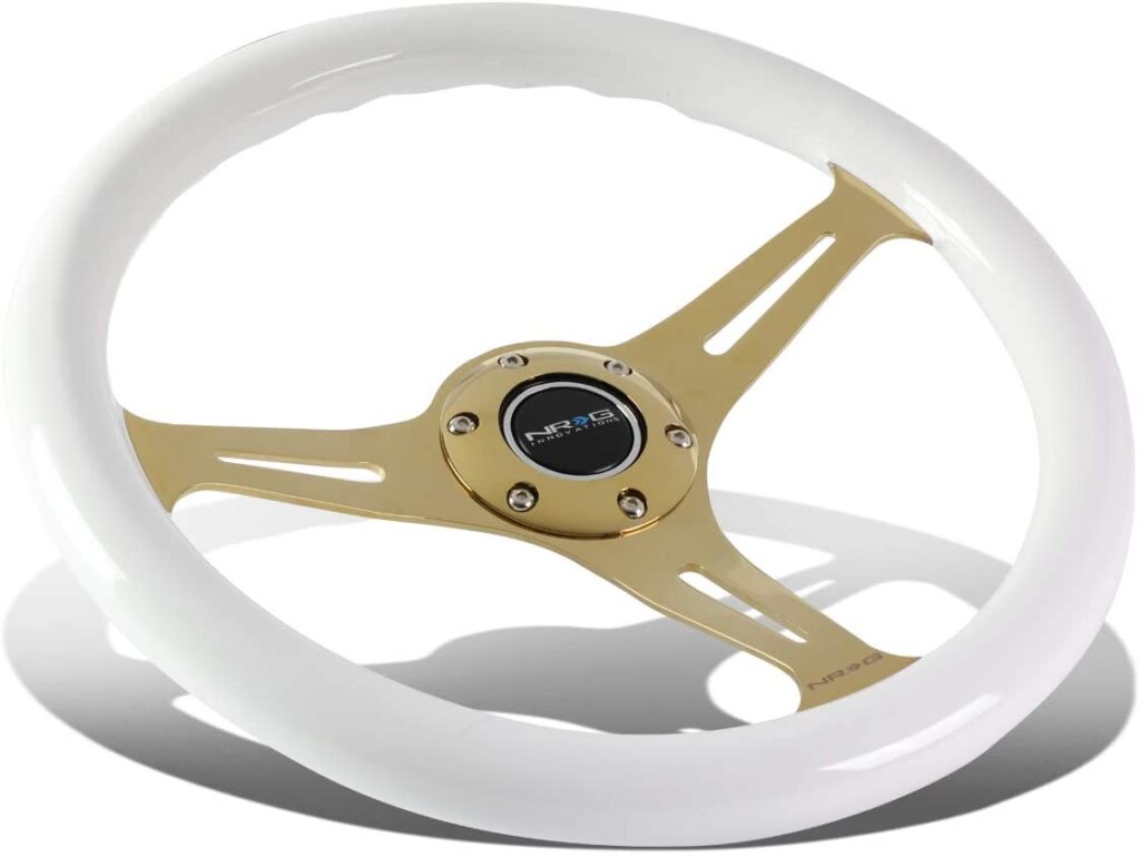 NRG white steering wheel with Chrome Gold Spokes